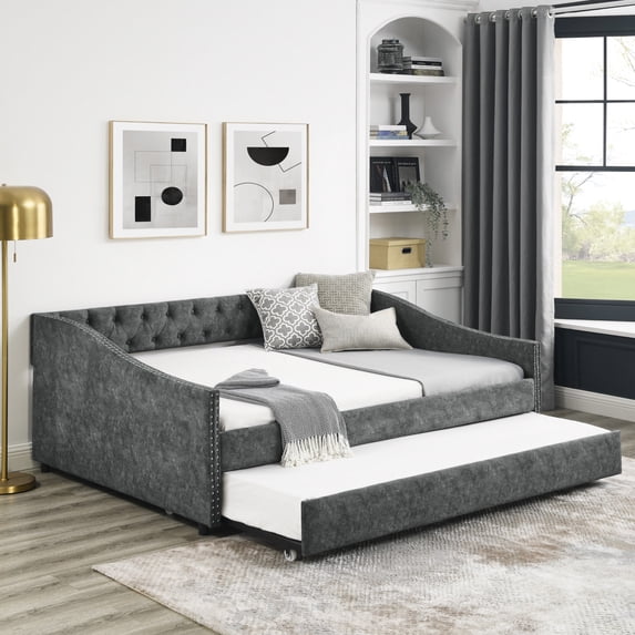 Daybed with Trundle, Full Size Daybed with Button Tufted Back and Copper Nail on Square Arms, Upholstered Full Daybed Sofa Bed for Living Room, Bedroom, Guest Room, Grey