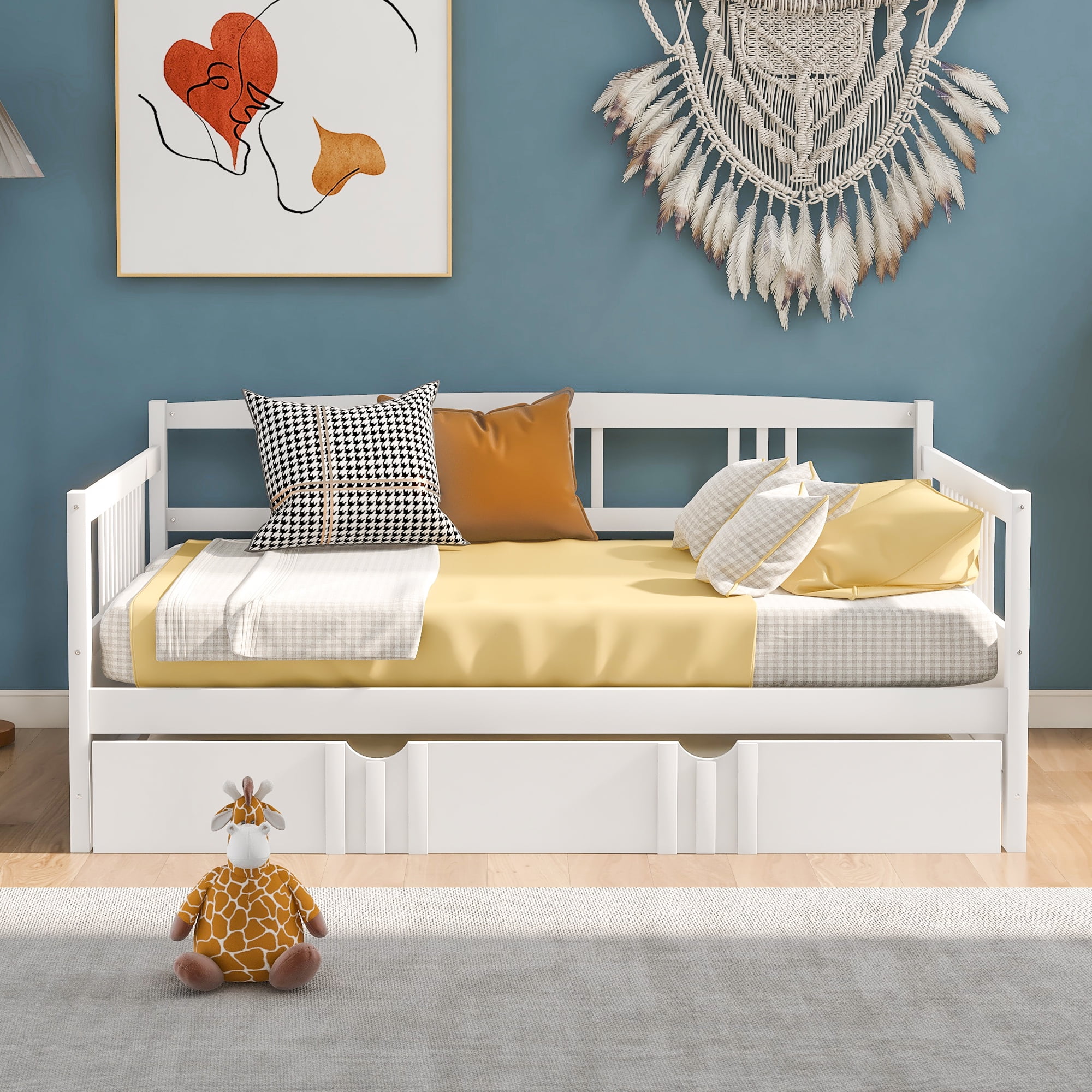 Daybed with Trundle Included, Full Size Daybed Bed Frame with Headboard and Footboard, Living