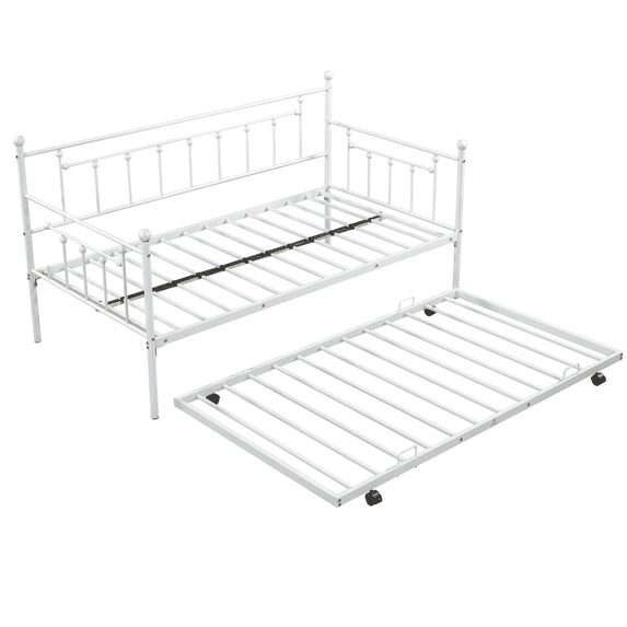 Daybed with Trundle Included, New Upgraded Twin Size Metal Daybed Frame with Pop Up Trundle Bed, Heavy Duty Twin Sofa Bed for Kids Teens Adult, Each Bed Holds 250lbs, No Box Spring Needed, White