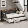 thumbnail image 1 of Daybed with Trundle and LED Lights, Twin Size Sofa Bed with Upholstered Headboard & Charging Station, Metal Frame for Bedroom, Living Room, Guest Room, 1 of 9
