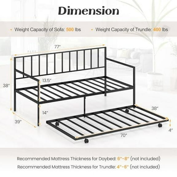 Daybed with Trundle, Metal Twin Bed Frame & Roll Out Trundle with Heavy Duty Slat Support, 4 Lockable Casters, Space-Saving Sofa Bed Frame for Living Room, Bedroom, Guest Room