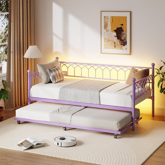 Daybed with Trundle, Metal Twin Size Day Bed with Charging Station & LED Lights, No Box Spring Required, Heavy Duty Steel Slats Supports, for Living Room, Apartment, Small Spaces, Purple