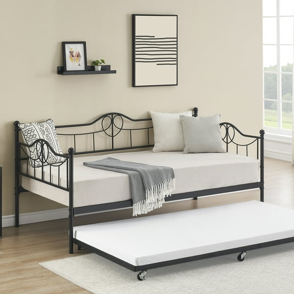 Daybed with Trundle,Metal Twin Size Day Bed,Pull-Out Sofa Daybed Frame w/Twin Roll-Out Trundle,Steel Slat Support,Space-Saving Sleeper Sofa for Bedroom,Living Room,Guest Room