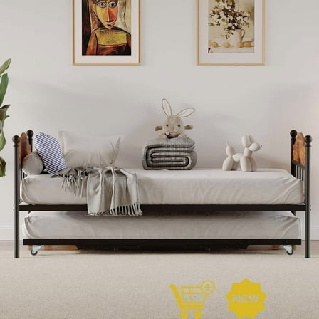 Daybed with Trundle, Metal Twin Size Sofa Bed Frame with Pop-Up Trundle, Heavy Duty Steel Slats, Lockable Casters, Stylish Headboard, Space-Saving Design for Living Room or Bedroom