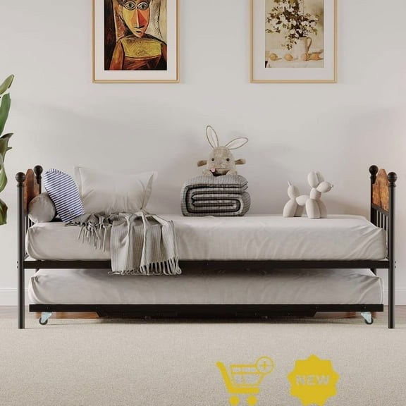 Daybed with Trundle, Metal Twin Size Sofa Bed Frame with Pop-Up Trundle, Heavy Duty Steel Slats, Lockable Casters, Stylish Headboard, Space-Saving Design for Living Room or Bedroom
