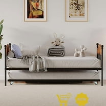 Daybed with Trundle, Metal Twin Size Sofa Bed Frame with Pop-Up Trundle, Heavy Duty Steel Slats, Lockable Casters, Stylish Headboard, Space-Saving Design for Living Room or Bedroom