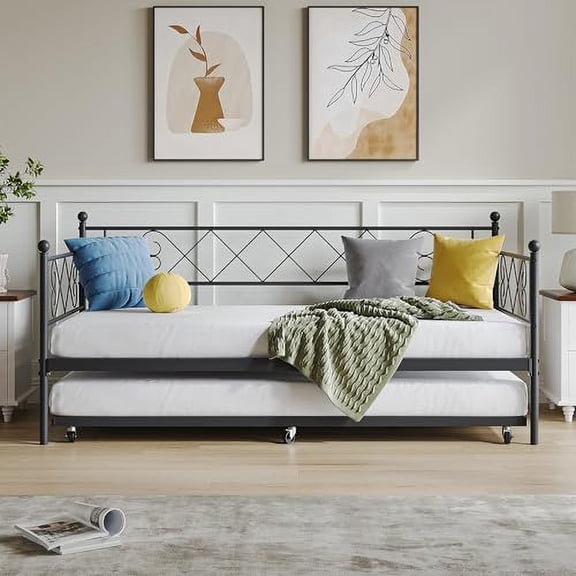 Daybed with Trundle, Modern Headboard and Metal Slats, No Box Spring Needed, Metal Sofa Bed Frame with Steel Slat Support for Living Room, Bedroom and Guest Room