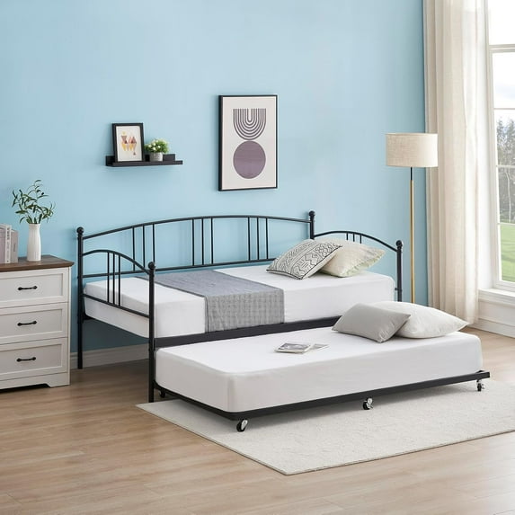 Daybed with Trundle, Sturdy Metal Day Bed with Steel Slat Support, Trundle Bed Twin with Arched Headboard, SofaBed for Living Room, Bedroom and Guest Room, Black