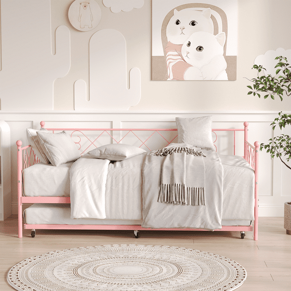 Daybed with Trundle, Trundle Bed Twin with Heart-Shaped Headboard, Sturdy Metal Sofa Bed, Heavy-Duty Metal Bed Frame Support, for Living Rooms, Bedrooms, and Guest Rooms, Easy Assembly, Pink