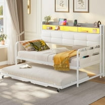 Daybed with Trundle, Twin Day Bed with Upholstered Headboard and Charging Station, Metal Day Bed Frame with Storage and LED Lights, Twin to King Daybed for Living Room, Bedroom, White