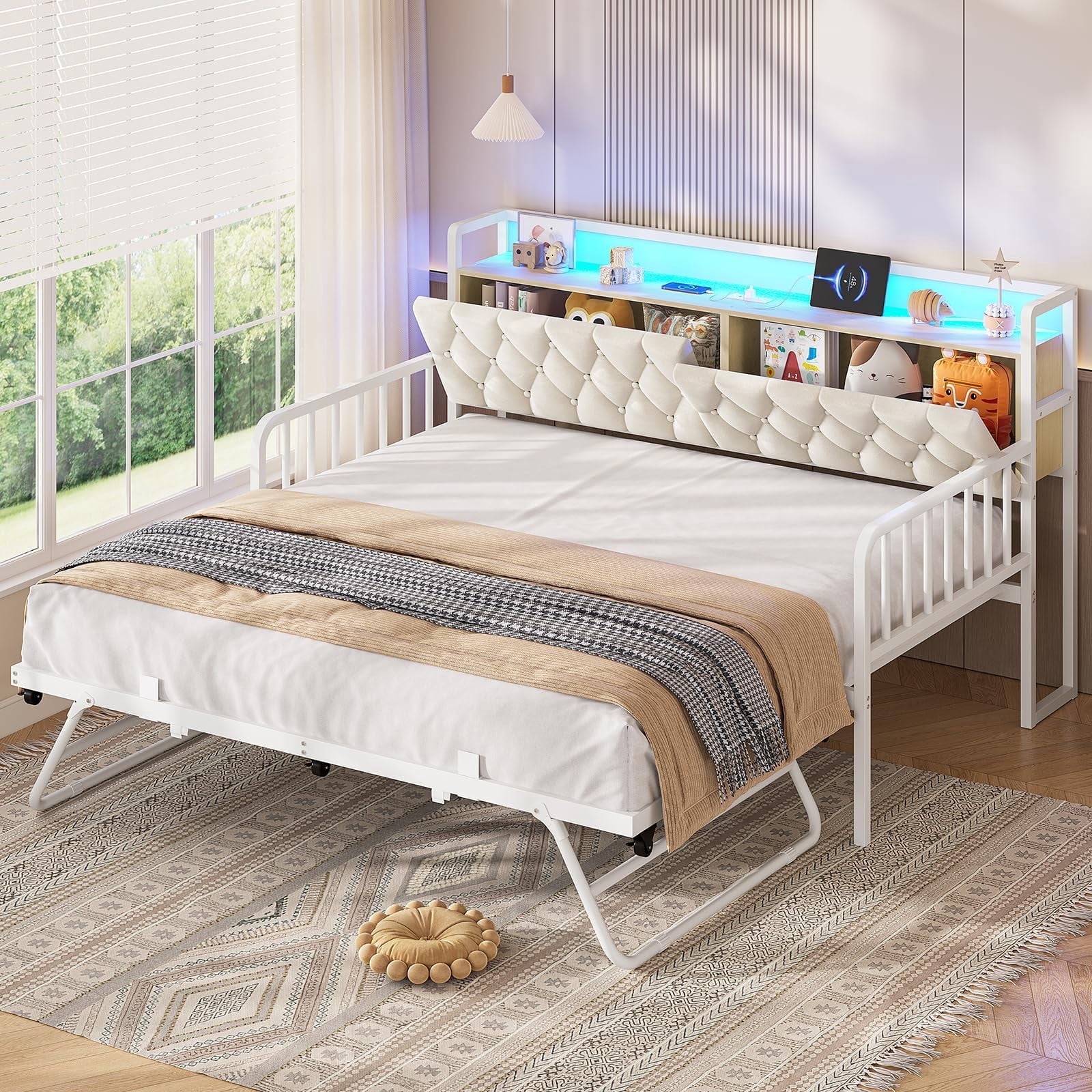 Twin to King Daybed with Trundle, with Charging Station & LED Lights, Metal Trundle Bed with Storage Headboard, Upholstered Sofa Bed,White