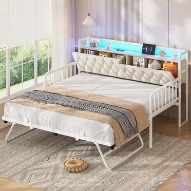 Twin to King Daybed with Trundle, with Charging Station & LED Lights, Metal Trundle Bed with Storage Headboard, Upholstered Sofa Bed,White