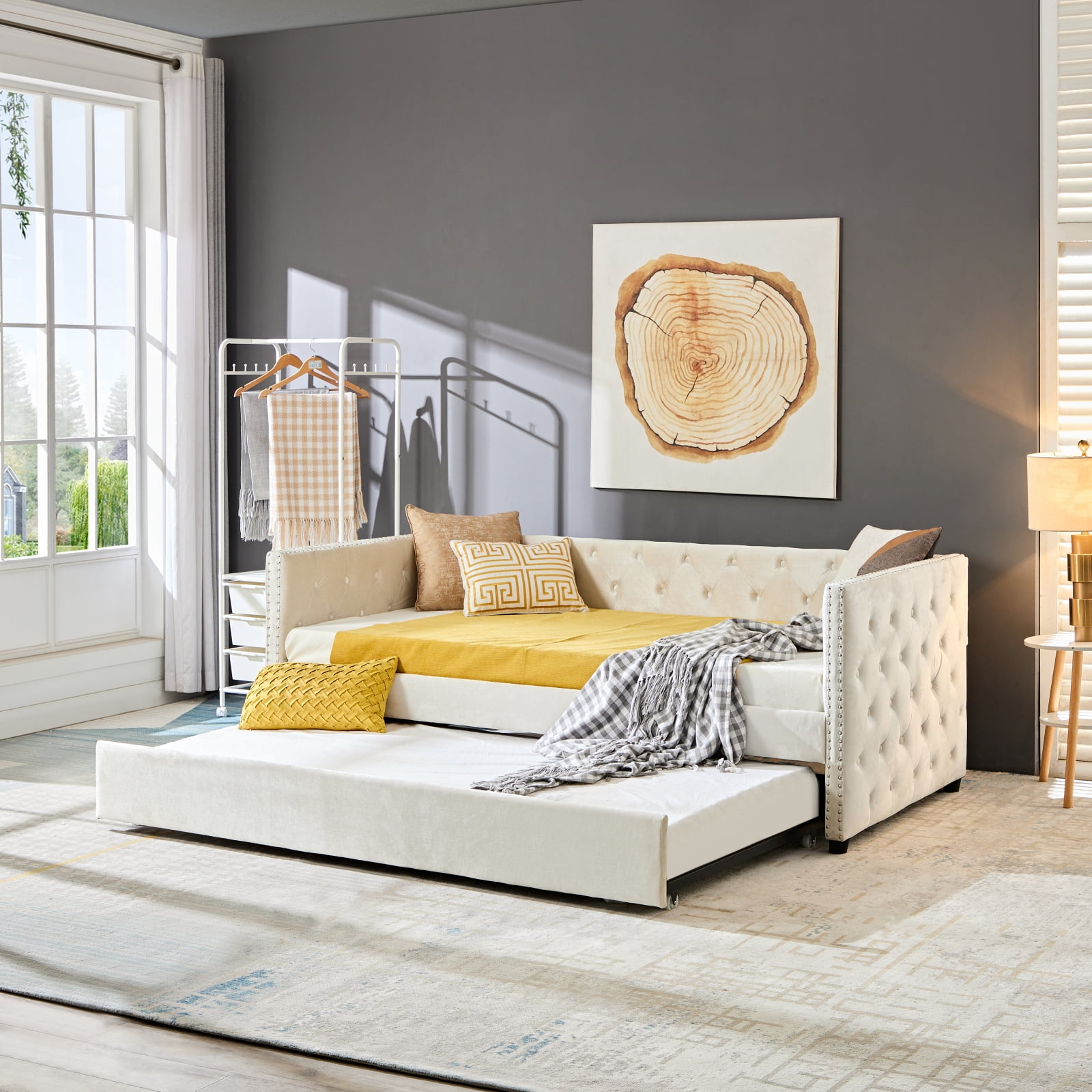 Daybed with Trundle, Upgraded Velvet Upholstered Twin Size Day Bed ...