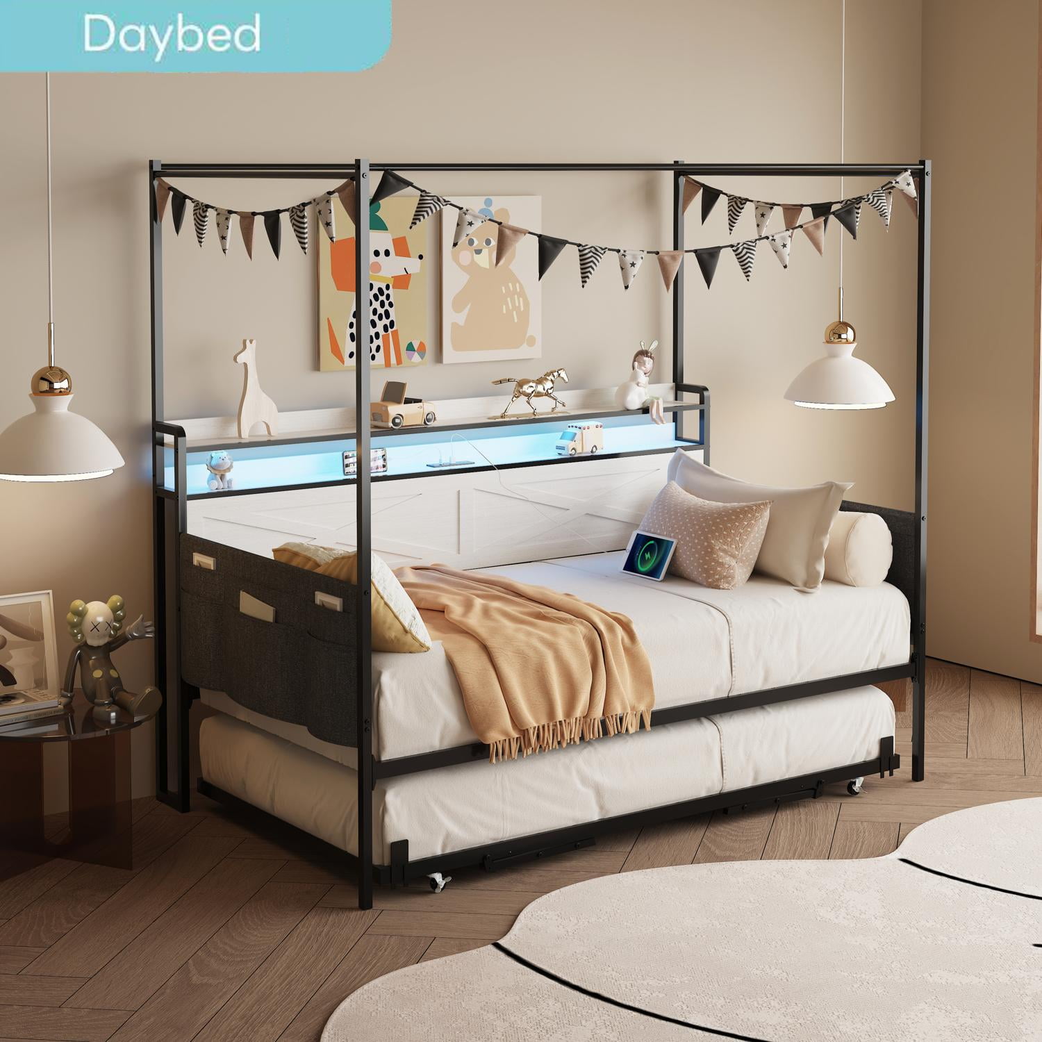 Daybed, Twin Size Bed, Sofa Bed Frame with Pull-Out Trundle, Reinforced Metal Slats and Built-in USB Charging Station, for Guest Room, White