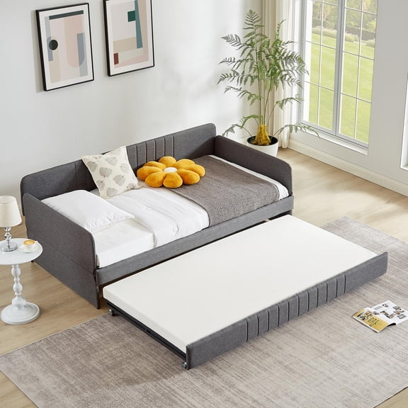 Daybed, Twin Size Sleeper Sofa Bed with Underneath Trundle, Sturdy Metal Frame for Bedroom Living Room Guest Room, Grey