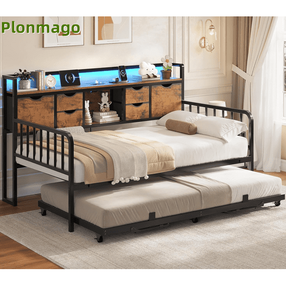 Plonmago Daybed Twin with Trundle,Storage Headboard,Charging Station, Height Adjustable Metal Trundle Bed Twin Sofa Bed Frame for Living Room, Bedroom,Brown