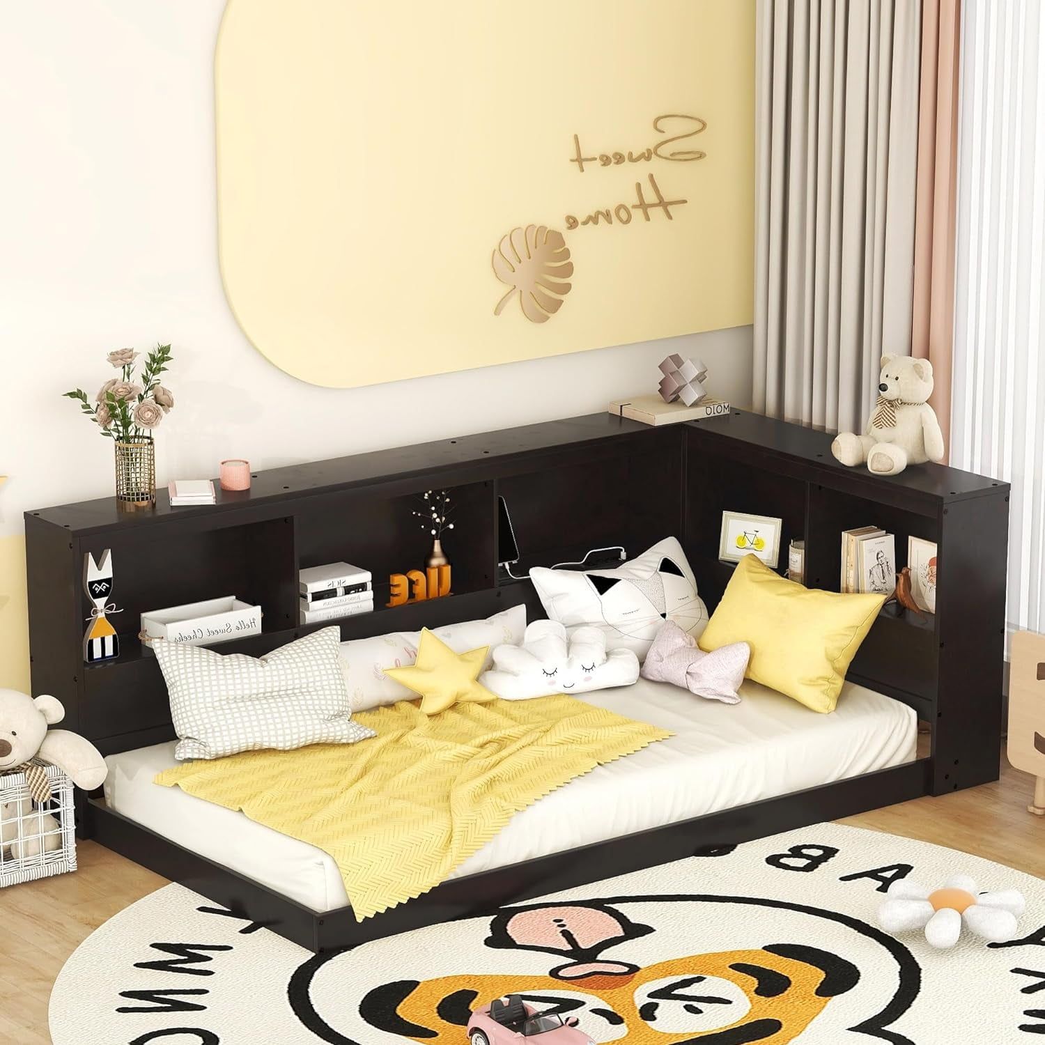 Daybed With Bookcase Headboard, Size LShape Daybed With USB Ports