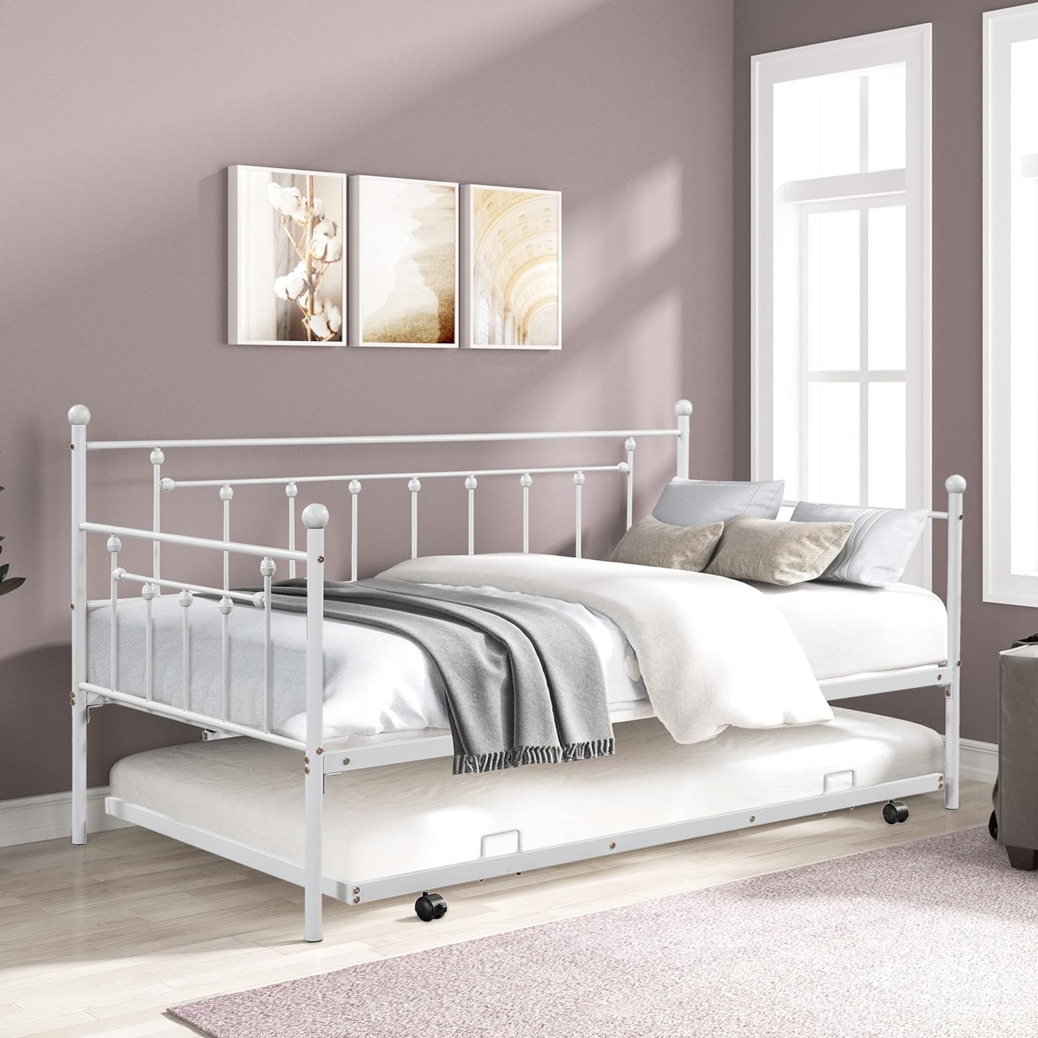 Daybed With Trundle Metal Day Bed Frame With Pullout Trundle, Heavy