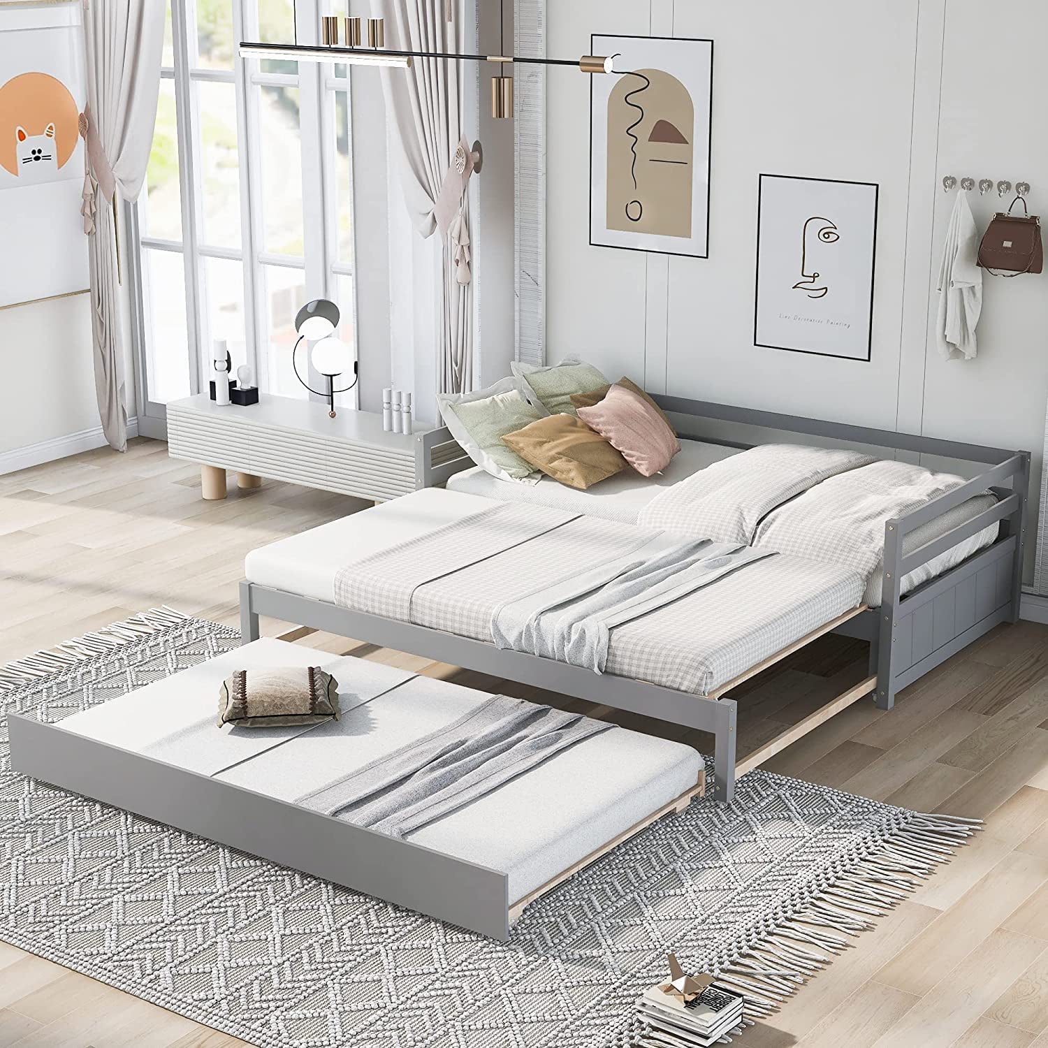 Daybed With Trundle Wood Extendable Day Bed Frame To Double Size