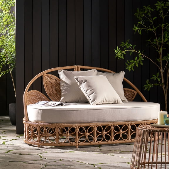 Daybed for Outdoor Patio | Sunbathe Comfortably with Water-Resistant Cushion | Polyethylene Rattan Style | Soft Floral Design for Decor