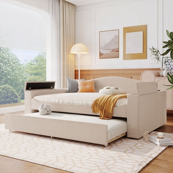 Daybed in Full Size - Equipped with Storage Armrests, Trundle & Integrated Bluetooth Audio, Beige
