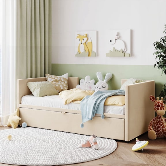 Twin Size Upholstered Platform Bed with Pop Up Trundle, No Box Spring, Beige, for Guest Room