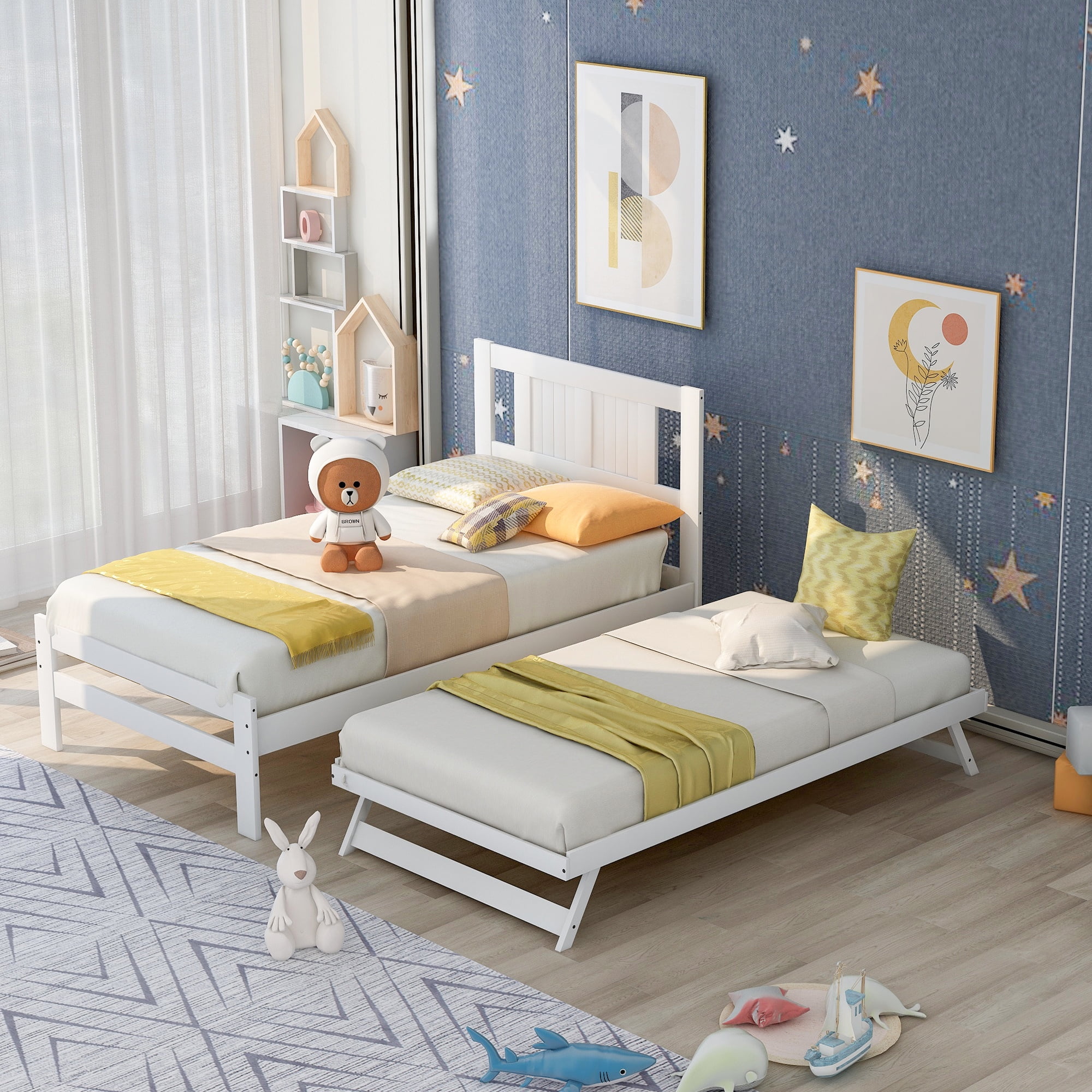 Daybed with trundle Twin Size Platform Bed with Adjustable Trundle