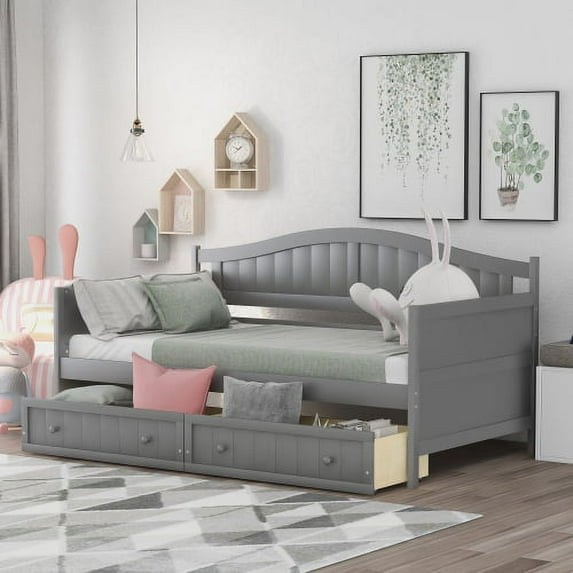 Daybed with 2 Drawers,No Box Springs Required,Wooden Bed for for Living Room, Guest Room , Twin, Gray