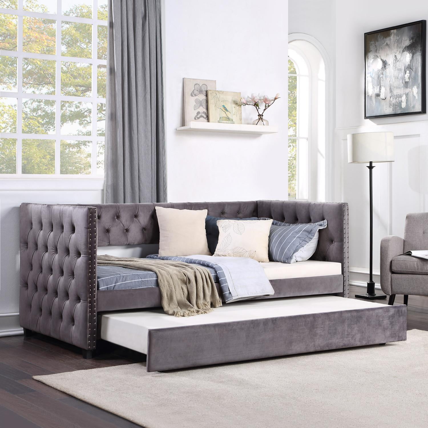 Daybed with A Trundle Twin Size Upholstered Tufted Sofa Bed Frame