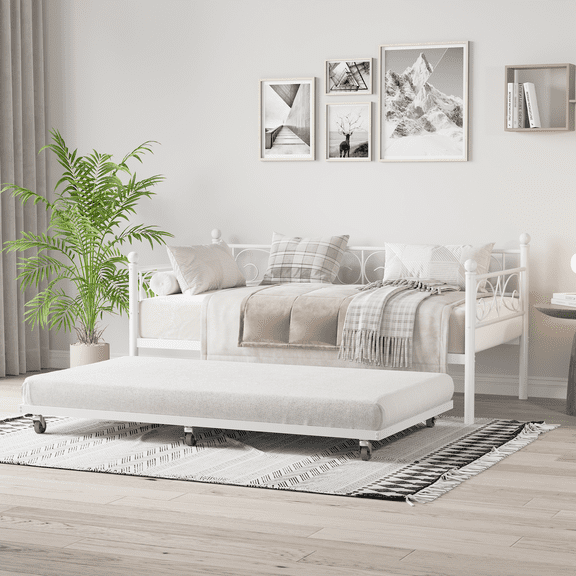 Daybed with Adjustable Trundle, Modern Metal Daybed with Classic Headboard, Heavy-Duty Sofa with Portable Folding Trundle Bed for Bedroom Living Room