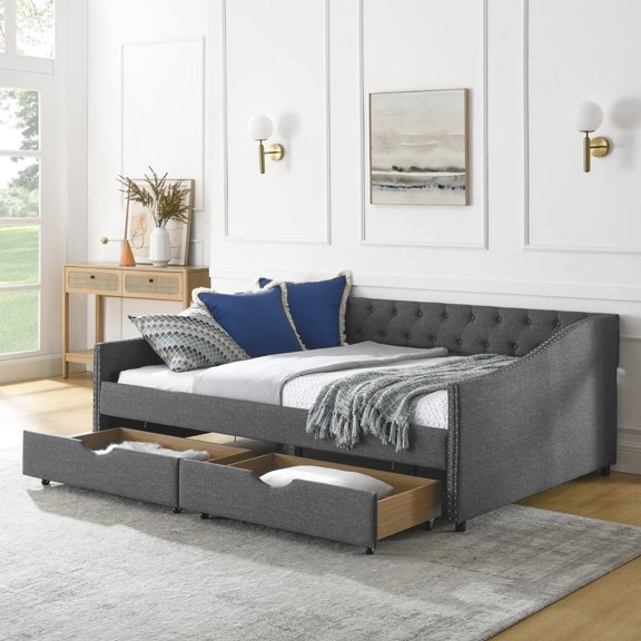 Daybed with Button Tufted Back, 500lbs Capacity / Supportive Seating, Storage for Cloths