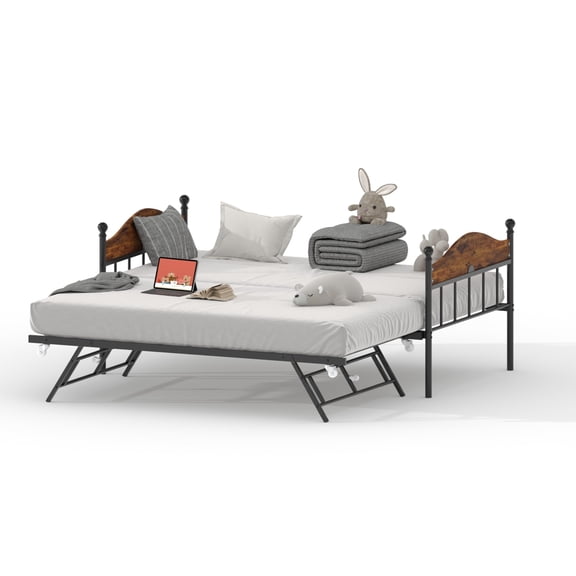 Daybed with Trundle Bed, Heavy Duty Metal Frame Sofa Bed, Steel Slats Support, Space Saving Design with Foldable Roll Out Trundle, for Bedroom