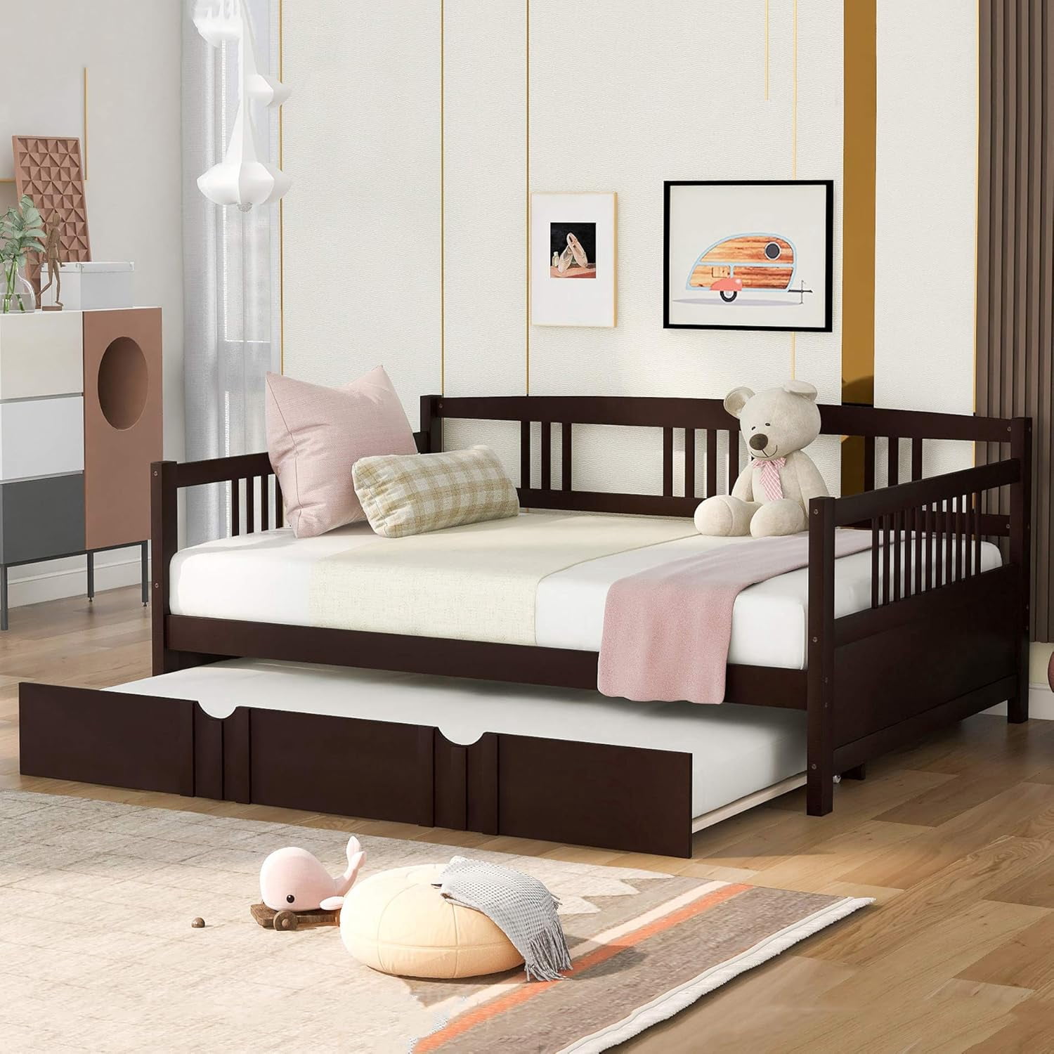 Daybed with Trundle Bed Wooden Slats Support Modern Living Daybed with
