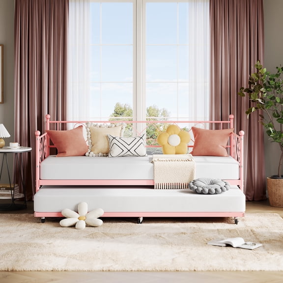 Daybed with Trundle Included, Twin Size Metal Daybed Frame with Pull out Trundle Bed, No Box Spring Needed, Easy Assembly
