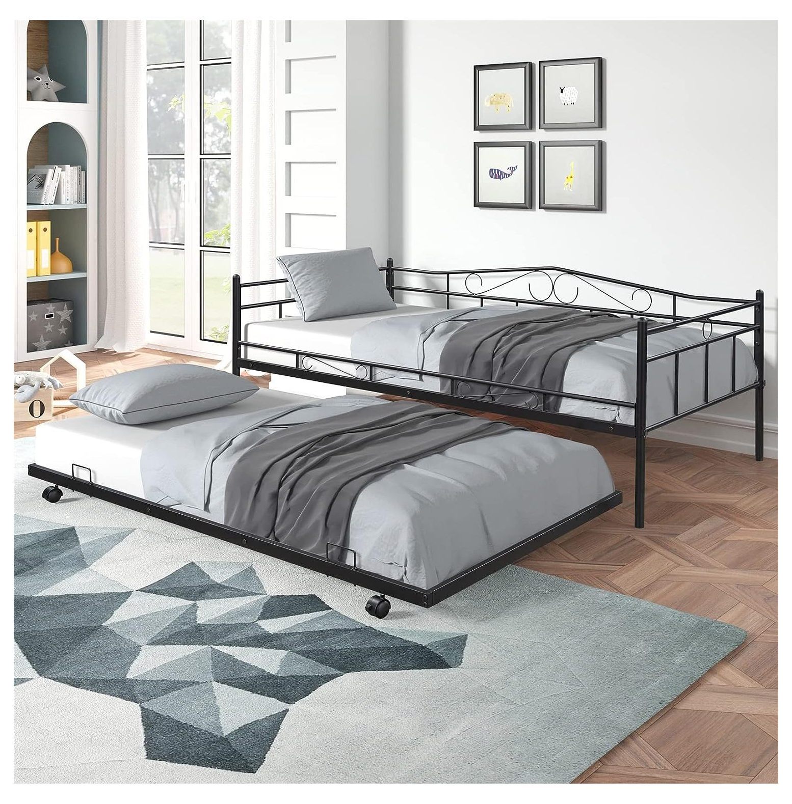 Daybed with Trundle Metal Day Bed Frame with Pullout Trundle, Heavy