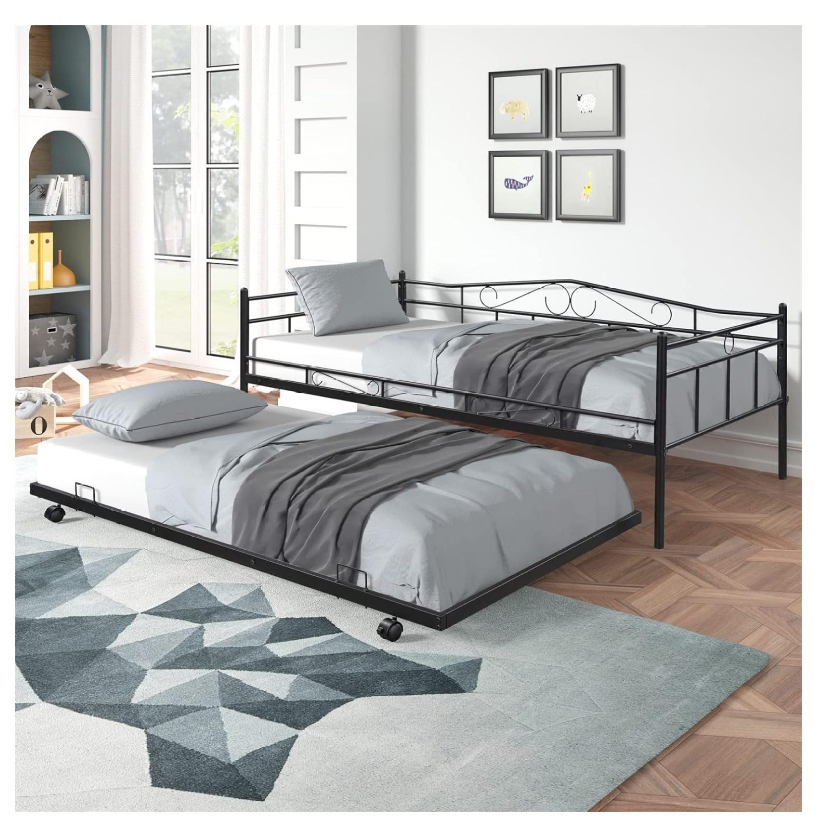 Daybed with Trundle Metal Day Bed Frame with Pullout Trundle, Heavy
