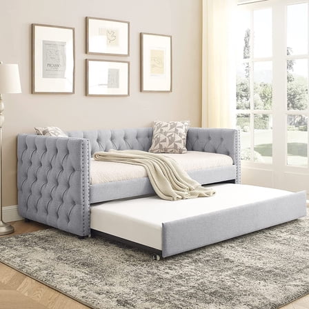 Daybed with Trundle, Muumblus Modren Pull Out Sofa Bed for Bedroom & Living Room, Twin Size Frame, Light Grey Upgraded Linen Upholstered