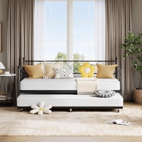 Daybed with Trundle Twin Metal Frame: Space Saving Design, Headboard & Steel Slat Support, Black
