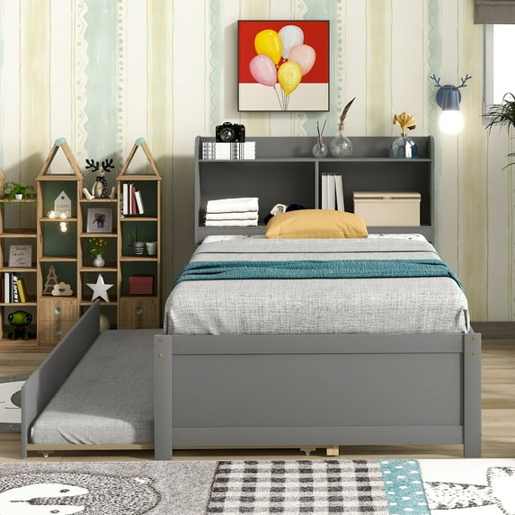 Daybed with Trundle, Twin Size Daybed with Storage Shelves, Wooden Platform Bed with Bookcase Headboard for Girls, Boys & Adults, Grey