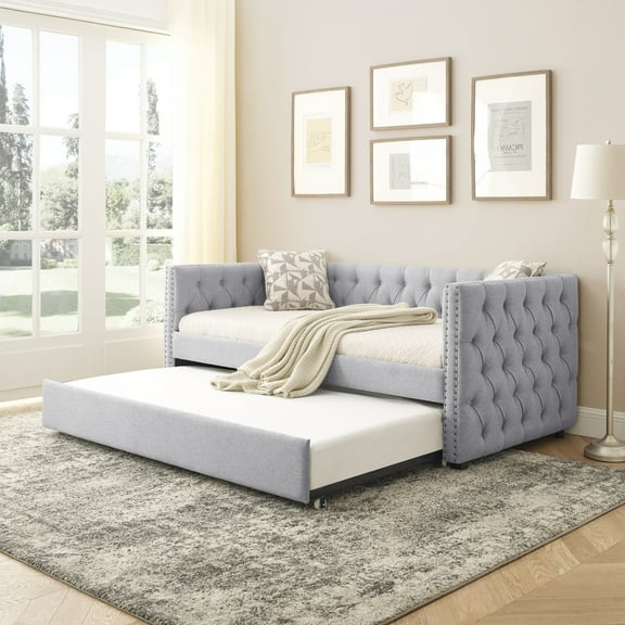 Daybed with Trundle Upholstered Tufted Sofa Bed, with Button and Copper Nail on Square Arms,Full Daybed & Twin Trundle, Beige(85"x57"x31.5")