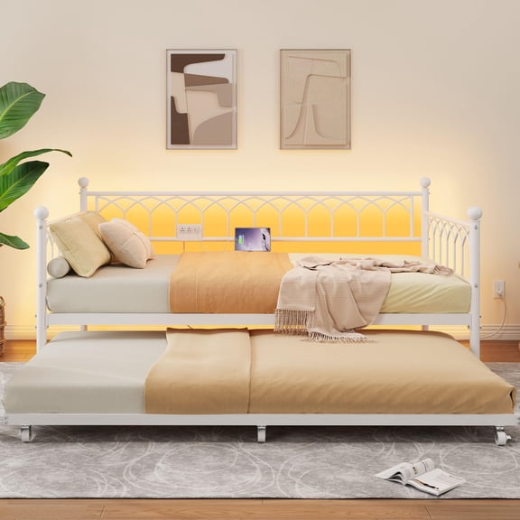 Daybed with Trundle – White Twin Metal Trundle Bed w/ Charging Station & LED Lights, Pull-Out Sofa Bed for Small Spaces