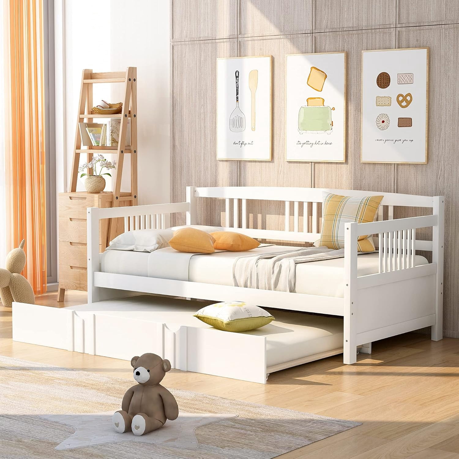 Daybed with Trundle, Wood Daybed Frame with Wooden Slats Support, Sofa