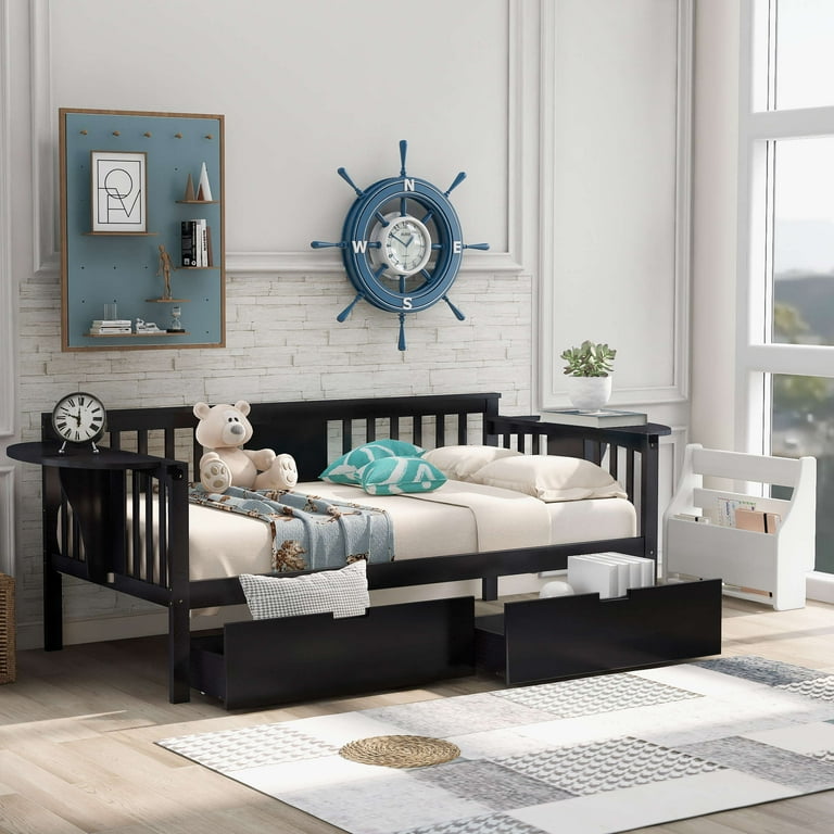 Daybed with Two Drawers Wood Twin Size Sofa Bed Frame with Small Table Storage Daybed for Bedroom Living Room Expresso