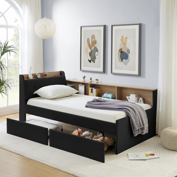 Daybed with Wireless Charging and LED Light, Twin Corner Bed Frame with Two Drawers and Storage Headboard, Velvet Sofa Day Bed for Living Room, Black