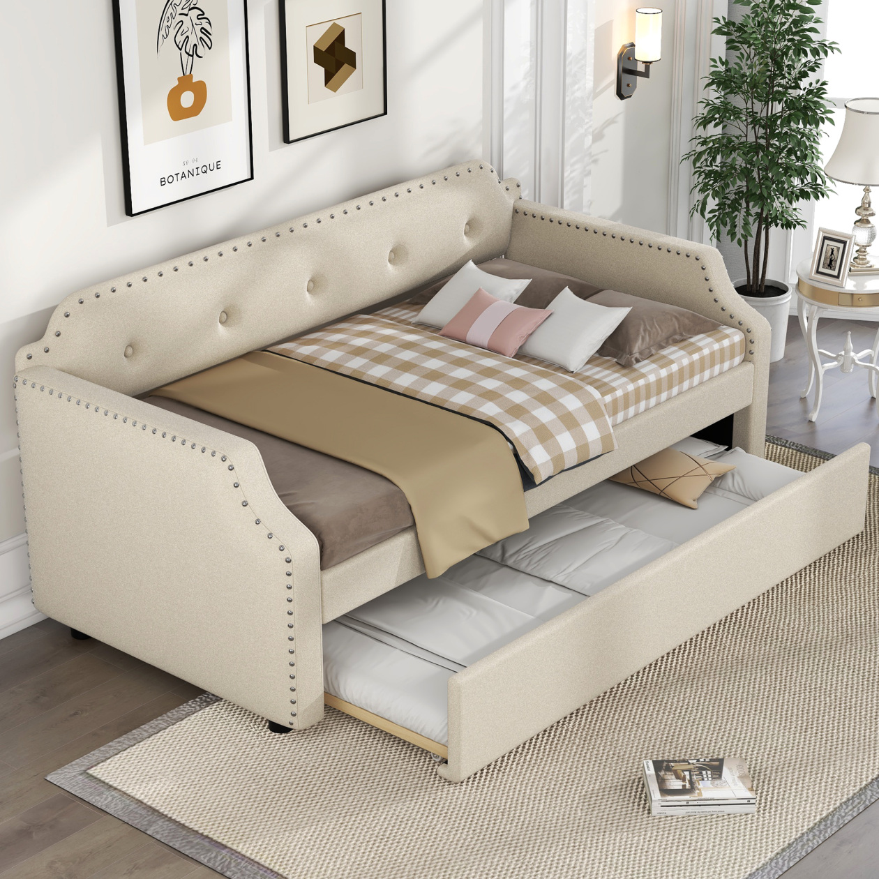 Daybeds, Modern Style Trundle Bed Twin with Wood Slat Support