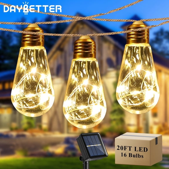 DAYBETTER Solar Outdoor String Lights 20FT 16 Bulbs, 8 Modes Warm White Vintage Rope Hemp, Solar Powered String Lights for Fence,Yard,Camping