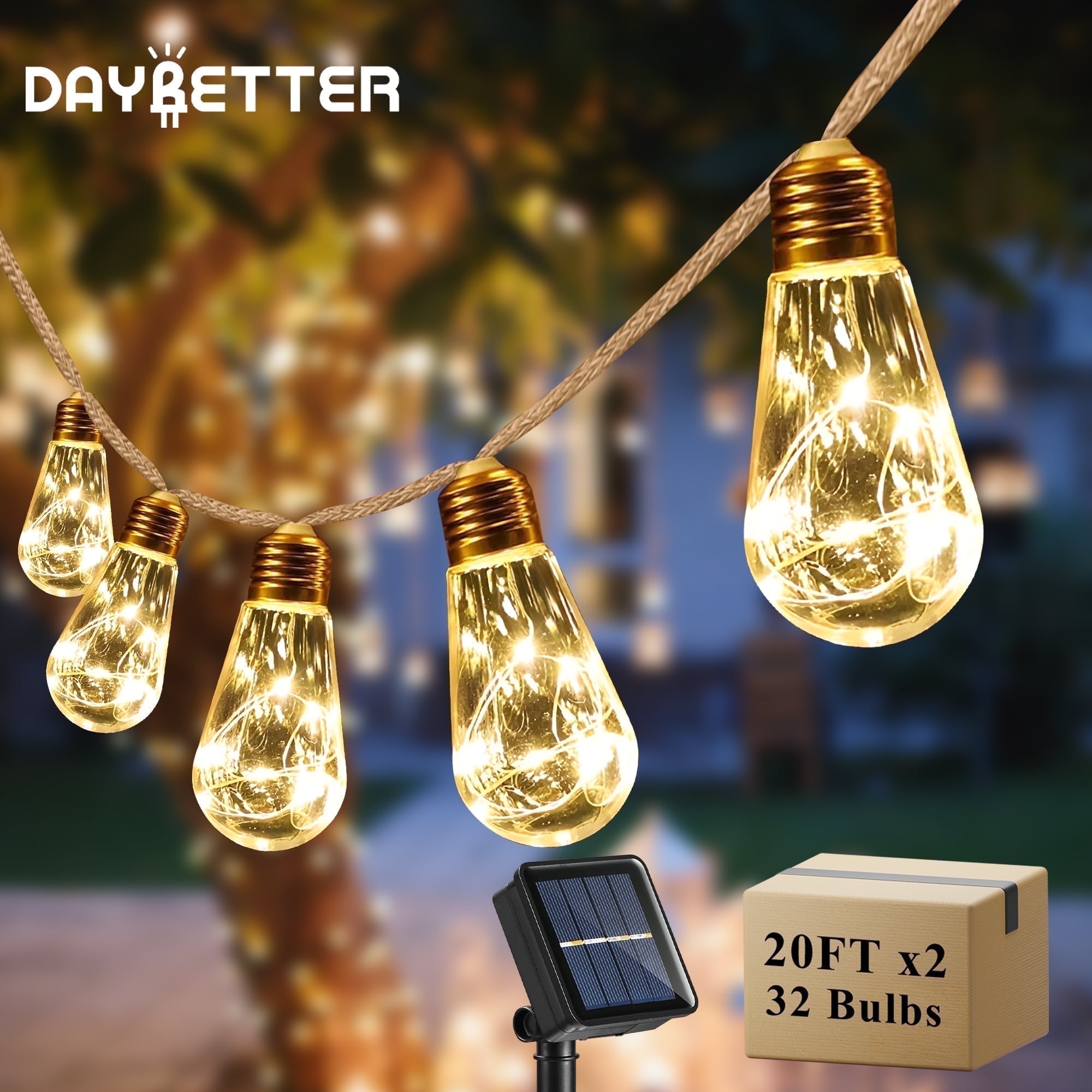 DAYBETTER 2Pack Solar Outdoor String Lights, 40ft/8Light Modes/32Bulbs Vintage Rope Hemp Solar Powered String Lights for Fence Patio Garden Yard Room Decor