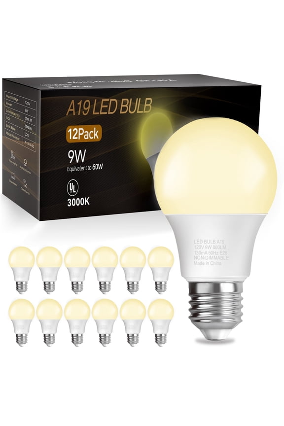A19 LED Light Bulbs, 60W Equivalent,3000K Soft White, 9W 800 Lumens,12 Pack