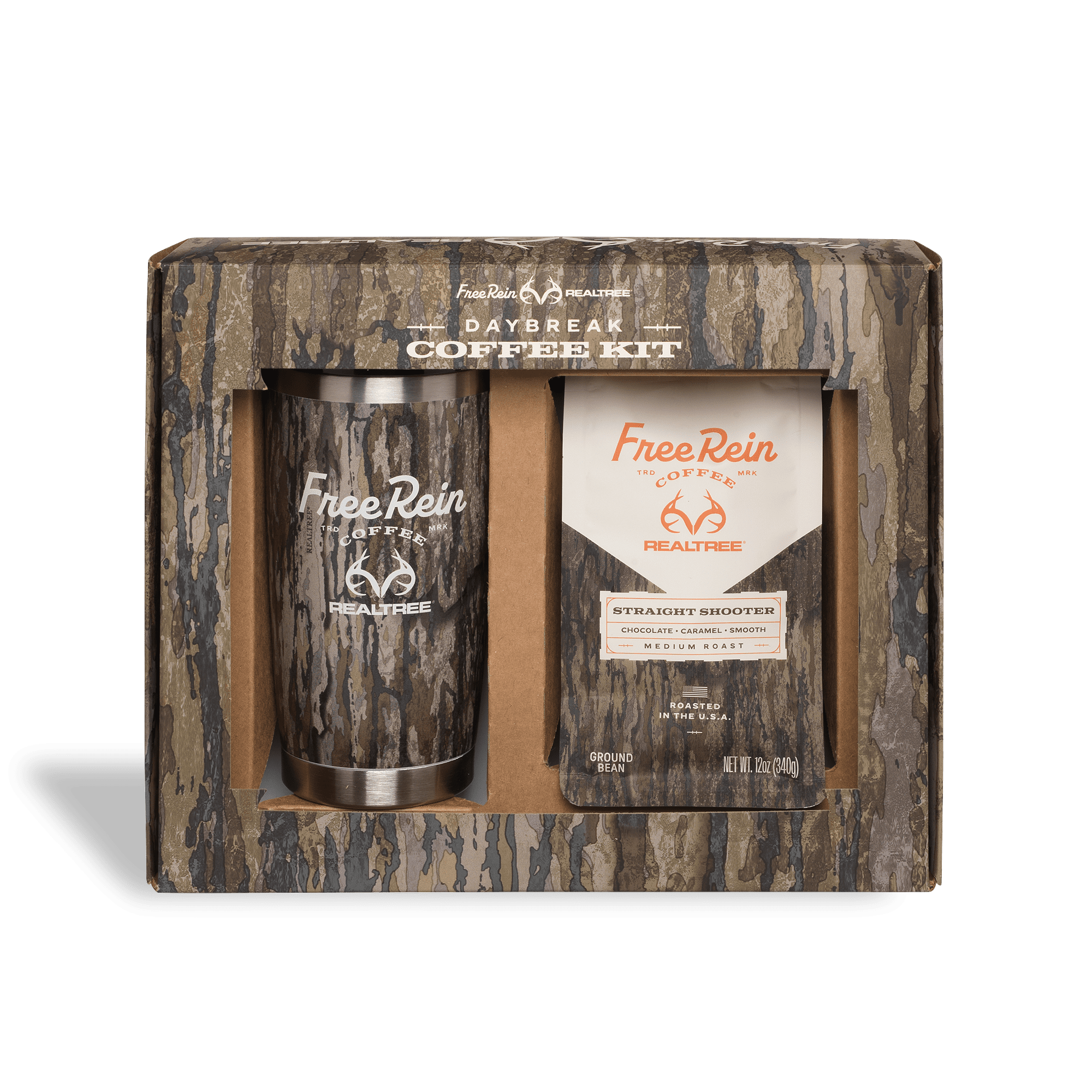Free Rein x Realtree Daybreak Coffee Kit 100% Arabica Medium Roast Ground Coffee 12oz bag and 20oz Insulated Tumbler