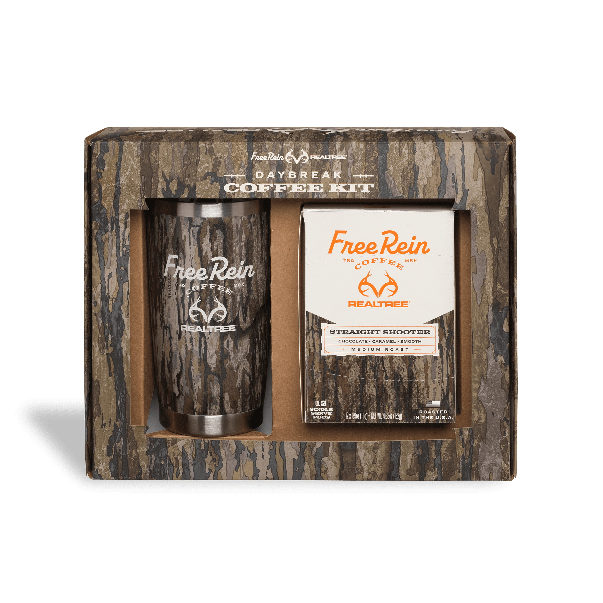 Free Rein x Realtree Daybreak Coffee Kit Featuring Straight Shooter 100% Arabica Medium Roast Coffee Pods 12ct and 20oz Insulated Tumbler